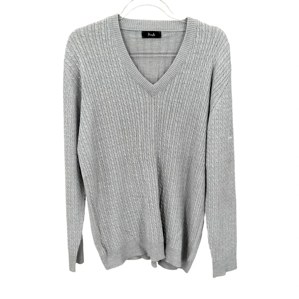 Pringle Sweater‎ Mens 44 Gray V-Neck Cable Knit Wool Pullover Preppy Academia